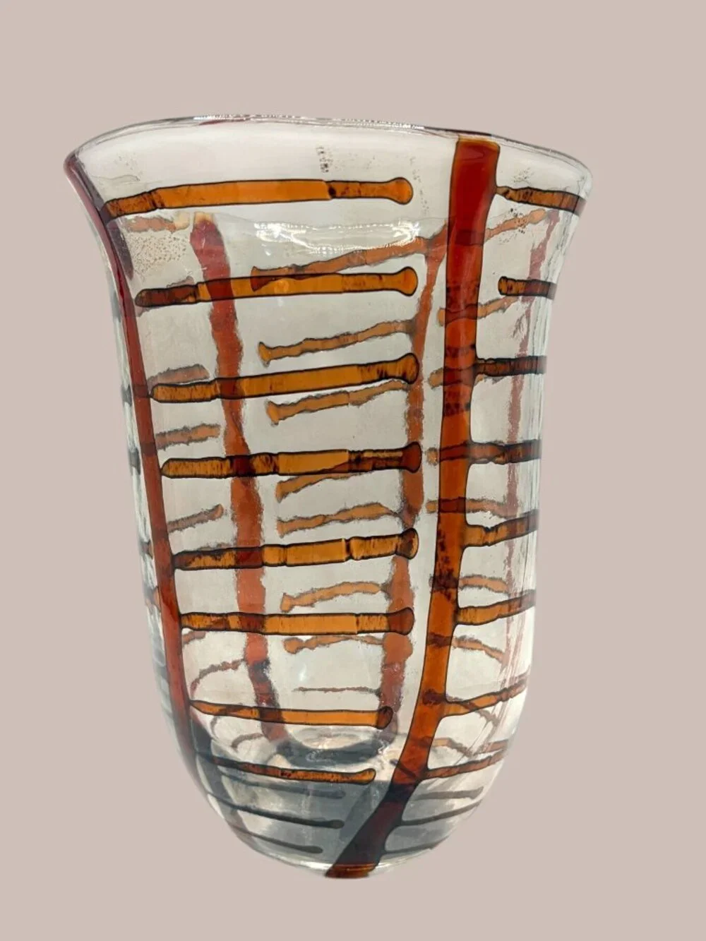 Vintage Hand Blown Studio Art Glass Vase Amber Brown Ribbon Swirl 9.5